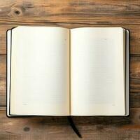 Overhead view of open book with empty blank white pages. Notebook composition for catalog, magazines concept by AI Generated photo