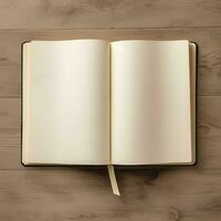 Overhead view of open book with empty blank white pages. Notebook composition for catalog, magazines concept by AI Generated photo
