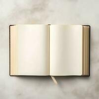 Overhead view of open book with empty blank white pages. Notebook composition for catalog, magazines concept by AI Generated photo
