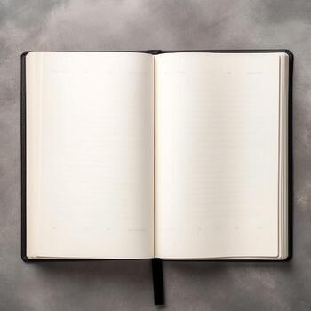 Overhead view of open book with empty blank white pages. Notebook composition for catalog, magazines concept by AI Generated photo