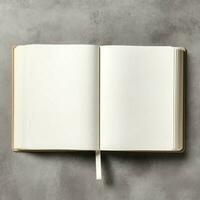 Overhead view of open book with empty blank white pages. Notebook composition for catalog, magazines concept by AI Generated photo