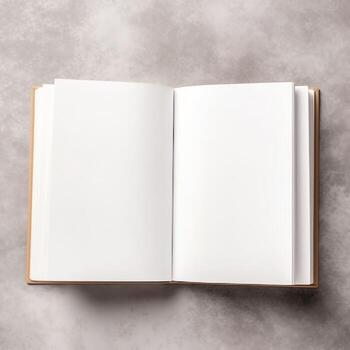 Overhead view of open book with empty blank white pages. Notebook composition for catalog, magazines concept by AI Generated photo