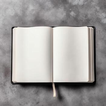 Overhead view of open book with empty blank white pages. Notebook composition for catalog, magazines concept by AI Generated photo
