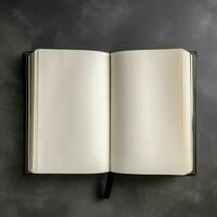 Overhead view of open book with empty blank white pages. Notebook composition for catalog, magazines concept by AI Generated photo