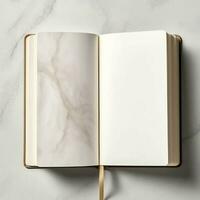 Overhead view of open book with empty blank white pages. Notebook composition for catalog, magazines concept by AI Generated photo