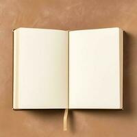 Overhead view of open book with empty blank white pages. Notebook composition for catalog, magazines concept by AI Generated photo