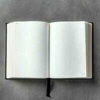 Overhead view of open book with empty blank white pages. Notebook composition for catalog, magazines concept by AI Generated photo