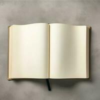 Overhead view of open book with empty blank white pages. Notebook composition for catalog, magazines concept by AI Generated photo
