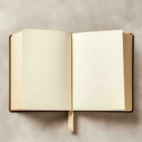 Overhead view of open book with empty blank white pages. Notebook composition for catalog, magazines concept by AI Generated photo