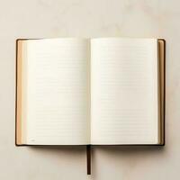 Overhead view of open book with empty blank white pages. Notebook composition for catalog, magazines concept by AI Generated photo