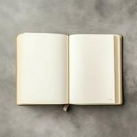 Overhead view of open book with empty blank white pages. Notebook composition for catalog, magazines concept by AI Generated photo