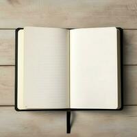 Overhead view of open book with empty blank white pages. Notebook composition for catalog, magazines concept by AI Generated photo