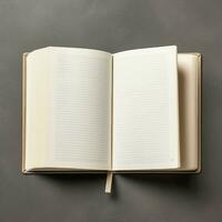 Overhead view of open book with empty blank white pages. Notebook composition for catalog, magazines concept by AI Generated photo