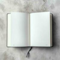 Overhead view of open book with empty blank white pages. Notebook composition for catalog, magazines concept by AI Generated photo