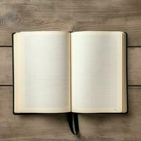 Overhead view of open book with empty blank white pages. Notebook composition for catalog, magazines concept by AI Generated photo