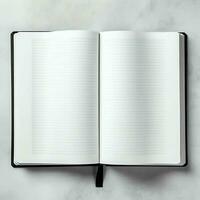 Overhead view of open book with empty blank white pages. Notebook composition for catalog, magazines concept by AI Generated photo