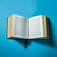 Overhead view of open book with empty blank white pages. Notebook composition for catalog, magazines concept by AI Generated photo