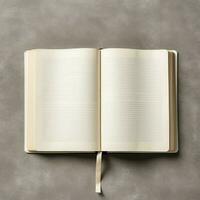 Overhead view of open book with empty blank white pages. Notebook composition for catalog, magazines concept by AI Generated photo