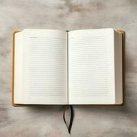 Overhead view of open book with empty blank white pages. Notebook composition for catalog, magazines concept by AI Generated photo