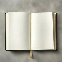 Overhead view of open book with empty blank white pages. Notebook composition for catalog, magazines concept by AI Generated photo