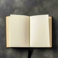 Overhead view of open book with empty blank white pages. Notebook composition for catalog, magazines concept by AI Generated photo