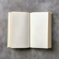 Overhead view of open book with empty blank white pages. Notebook composition for catalog, magazines concept by AI Generated photo