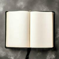 Overhead view of open book with empty blank white pages. Notebook composition for catalog, magazines concept by AI Generated photo