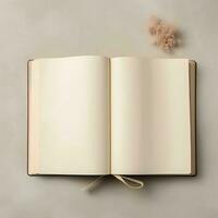 Overhead view of open book with empty blank white pages. Notebook composition for catalog, magazines concept by AI Generated photo