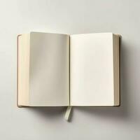 Overhead view of open book with empty blank white pages. Notebook composition for catalog, magazines concept by AI Generated photo