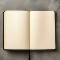 Overhead view of open book with empty blank white pages. Notebook composition for catalog, magazines concept by AI Generated photo