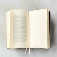Overhead view of open book with empty blank white pages. Notebook composition for catalog, magazines concept by AI Generated photo