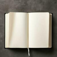 Overhead view of open book with empty blank white pages. Notebook composition for catalog, magazines concept by AI Generated photo