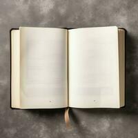 Overhead view of open book with empty blank white pages. Notebook composition for catalog, magazines concept by AI Generated photo