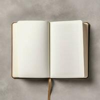 Overhead view of open book with empty blank white pages. Notebook composition for catalog, magazines concept by AI Generated photo