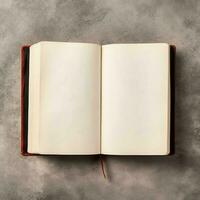 Overhead view of open book with empty blank white pages. Notebook composition for catalog, magazines concept by AI Generated photo