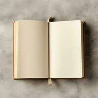 Overhead view of open book with empty blank white pages. Notebook composition for catalog, magazines concept by AI Generated photo