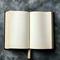 Overhead view of open book with empty blank white pages. Notebook composition for catalog, magazines concept by AI Generated photo