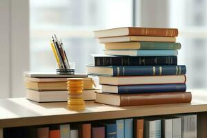 un libro pila cerca arriba en un estudiar escritorio. frente ver pila libro. para festival de mundo libro día, nacional libro día o nacional educación día. apilar de vistoso libros en estudiar mesa por ai generado foto