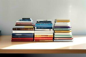 A book pile close up on a study desk. Front view pile book. For festival of world book day, national book day or national education day. Stack of colorful books on study table by AI Generated photo