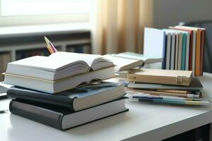 un libro pila cerca arriba en un estudiar escritorio. frente ver pila libro. para festival de mundo libro día, nacional libro día o nacional educación día. apilar de vistoso libros en estudiar mesa por ai generado foto