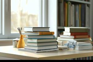 A book pile close up on a study desk. Front view pile book. For festival of world book day, national book day or national education day. Stack of colorful books on study table by AI Generated photo