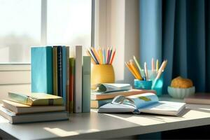 A book pile close up on a study desk. Front view pile book. For festival of world book day, national book day or national education day. Stack of colorful books on study table by AI Generated photo