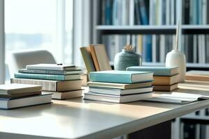 A book pile close up on a study desk. Front view pile book. For festival of world book day, national book day or national education day. Stack of colorful books on study table by AI Generated photo