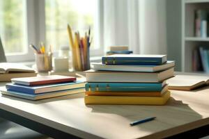 A book pile close up on a study desk. Front view pile book. For festival of world book day, national book day or national education day. Stack of colorful books on study table by AI Generated photo