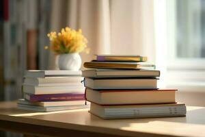 A book pile close up on a study desk. Front view pile book. For festival of world book day, national book day or national education day. Stack of colorful books on study table by AI Generated photo