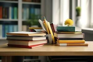 un libro pila cerca arriba en un estudiar escritorio. frente ver pila libro. para festival de mundo libro día, nacional libro día o nacional educación día. apilar de vistoso libros en estudiar mesa por ai generado foto