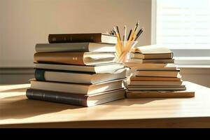 A book pile close up on a study desk. Front view pile book. For festival of world book day, national book day or national education day. Stack of colorful books on study table by AI Generated photo