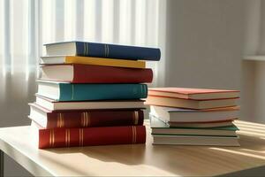 A book pile close up on a study desk. Front view pile book. For festival of world book day, national book day or national education day. Stack of colorful books on study table by AI Generated photo