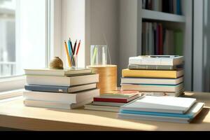 un libro pila cerca arriba en un estudiar escritorio. frente ver pila libro. para festival de mundo libro día, nacional libro día o nacional educación día. apilar de vistoso libros en estudiar mesa por ai generado foto