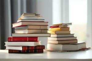 un libro pila cerca arriba en un estudiar escritorio. frente ver pila libro. para festival de mundo libro día, nacional libro día o nacional educación día. apilar de vistoso libros en estudiar mesa por ai generado foto